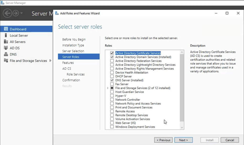 AD CS is installed as a Windows Server role and provides the certificate services used to issue and manage digital certificates within an Active Directory environment.